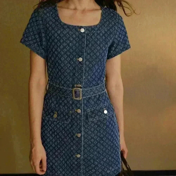Blue Women's Flap Detail Buckle Belted Swiss Dot Denim Dress - Picture 7 of 8